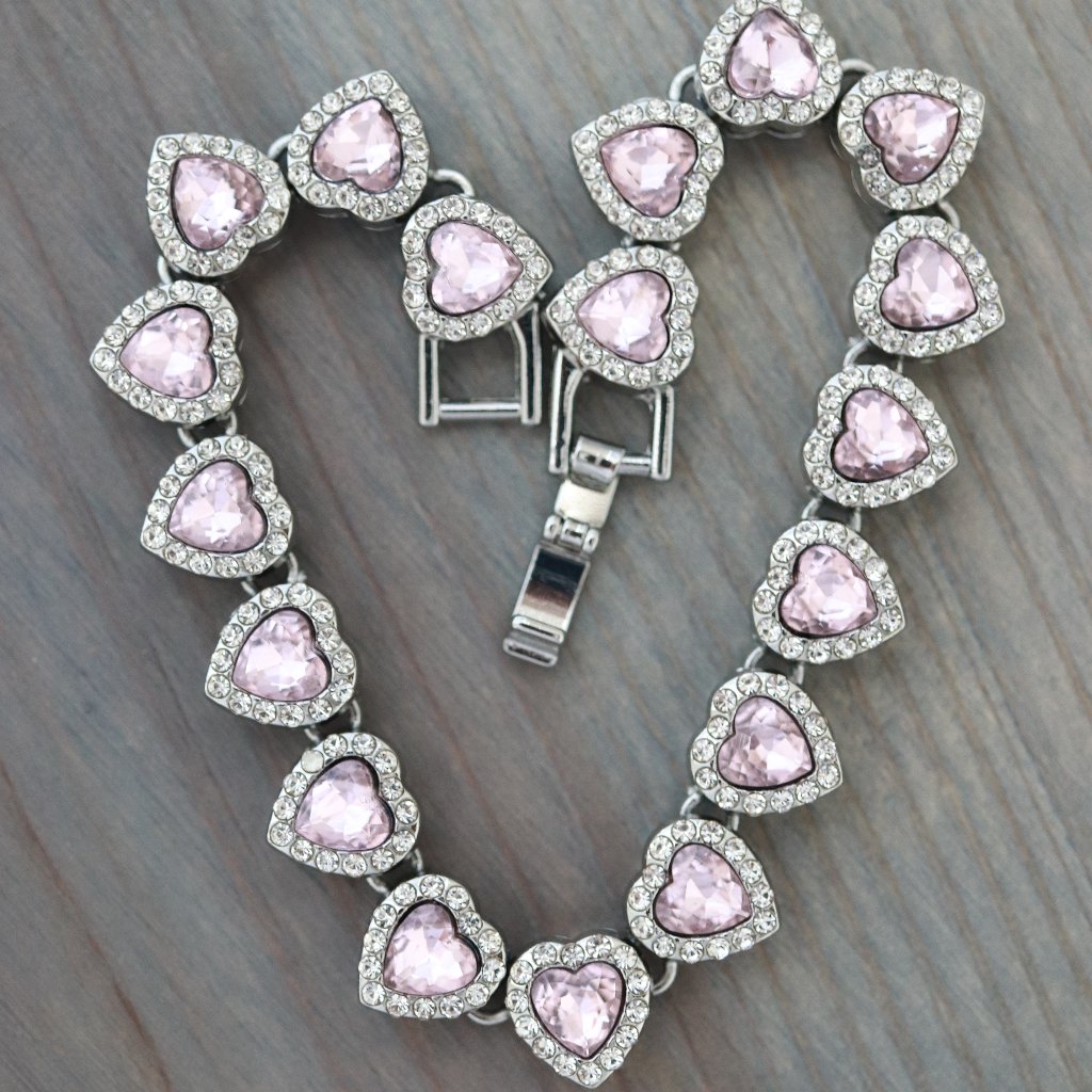 Light Pink Heart Diamond Chain Pink/Clear/Silver Plated With Rhinestones Bracele